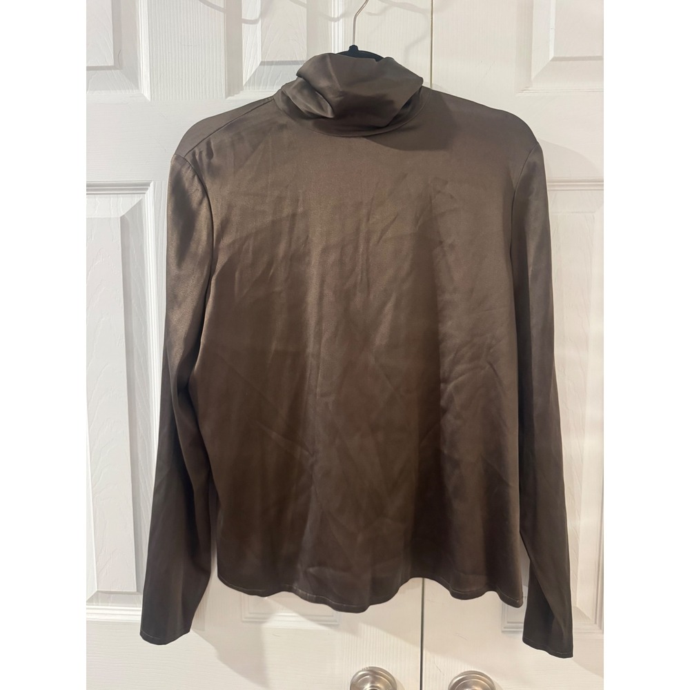 Linda Allard Ellen Tracy Brown 92% Silk Turtleneck Blouse Size 14 Long Sleeve